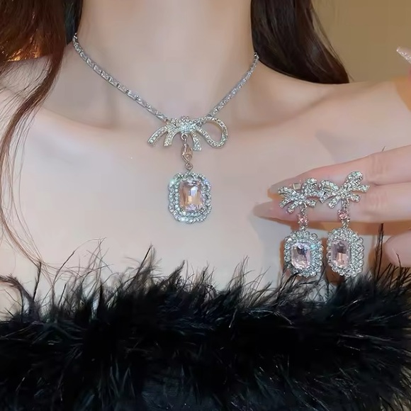 Silver Large Pink Bow Cubic Zirconia Necklace Earring Set - Picture 2 of 3